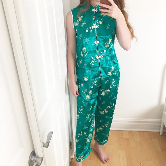 Vintage Other - Stunning Vintage Silky Floral Matching Pants & Shirt Set Traditional Asia Inspo